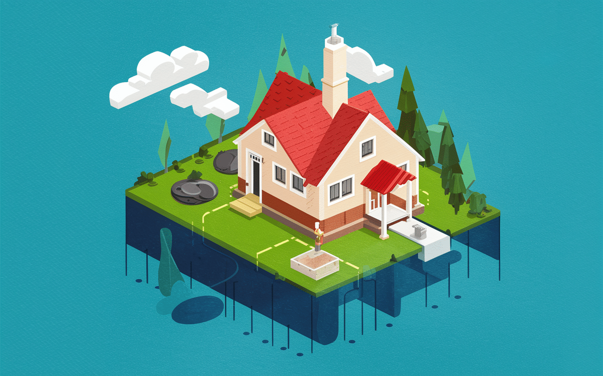 An isometric illustration showing a residential house situated on a green patch of land with trees, connected to an underground septic system and water body below, representing the concept of a lift station pumping system for proper septic management.
