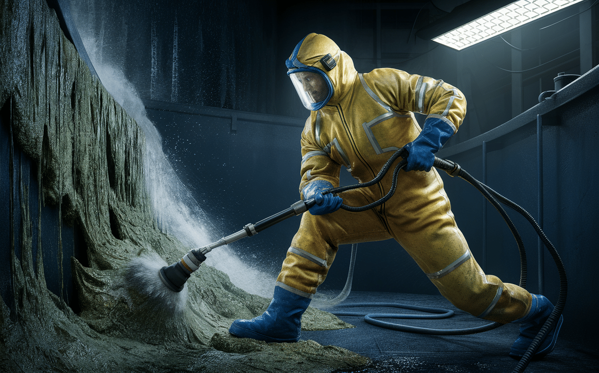 A worker wearing a yellow hazmat suit and respirator mask is using a high-pressure hose to remove built-up sludge and scum from a wall in a dimly lit industrial setting.
