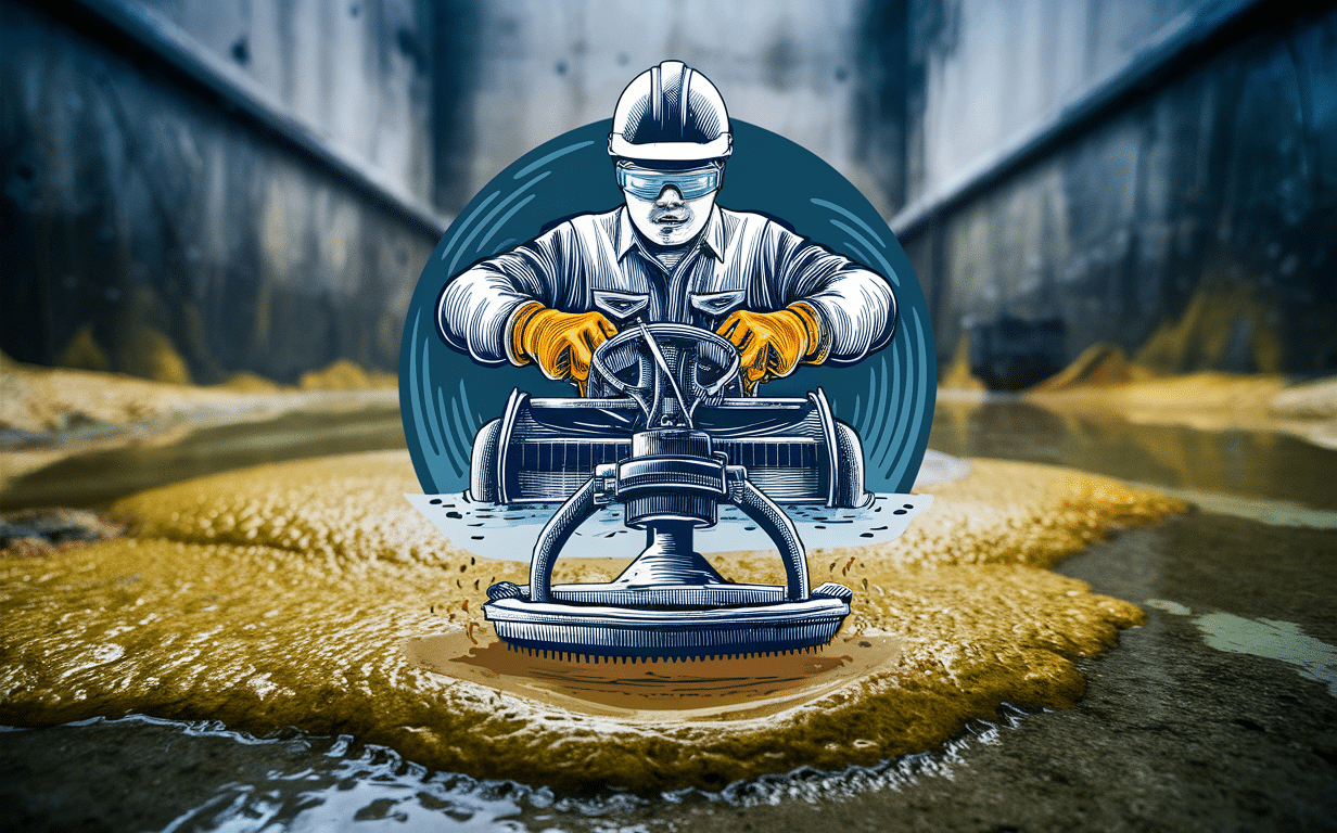 Illustration of a worker in protective gear operating a sewer cleaning machine to remove sludge buildup in an underground pipeline