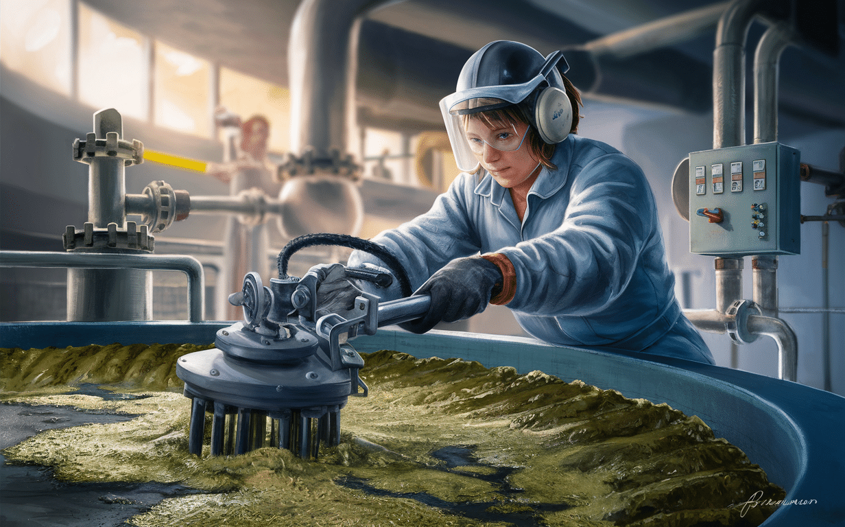 A worker wearing protective gear and using industrial machinery to scrape away sludge buildup from equipment in a factory setting