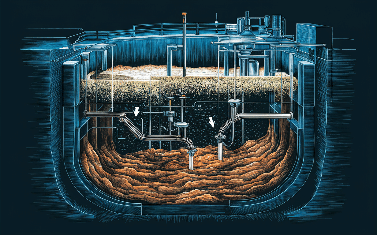 Illustration of a worker in protective gear operating machinery to remove sludge and scum buildup from an underground tunnel