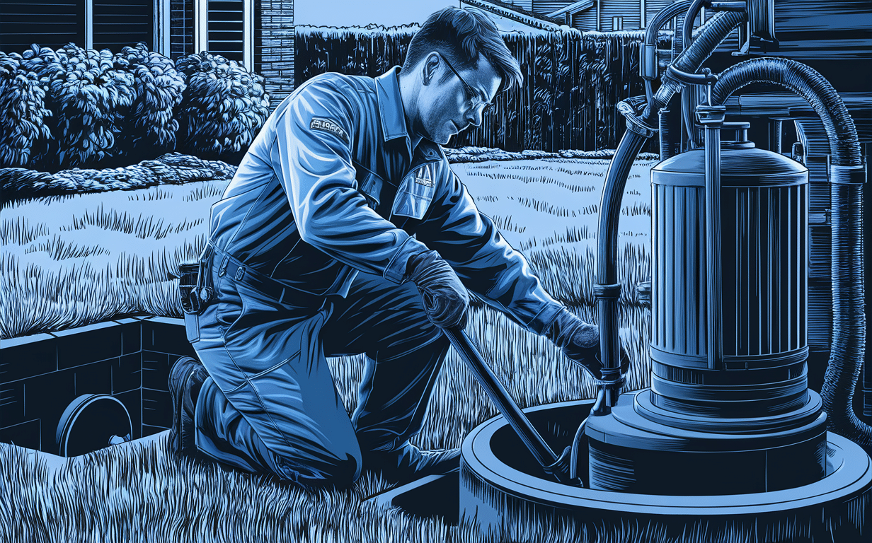 A worker in uniform is operating a hose to pump out a residential septic tank, ensuring proper maintenance and system health.