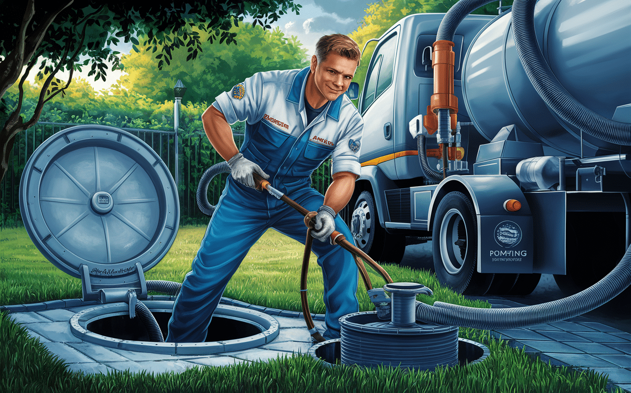 A service worker from a septic tank pumping company is operating equipment to clean out a residential septic tank system in a scenic outdoor setting.