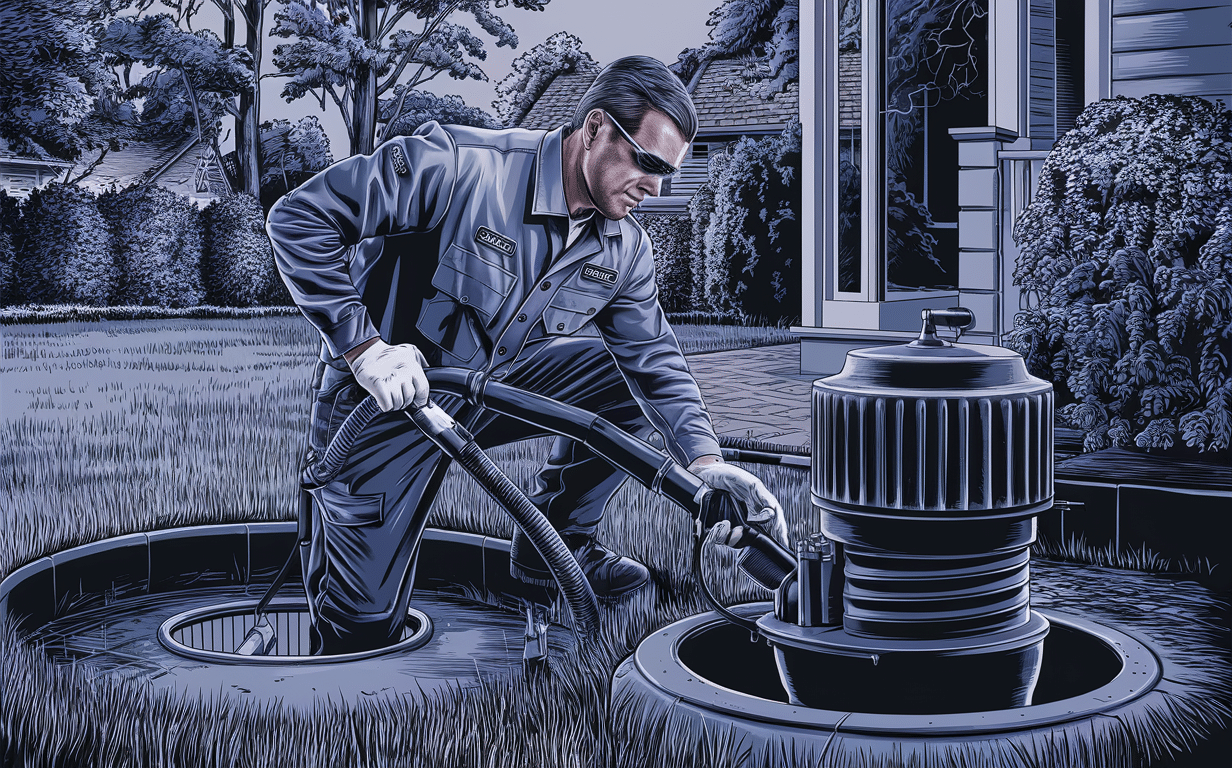 An illustration of a worker in uniform servicing a residential septic tank system, ensuring proper maintenance and functionality.