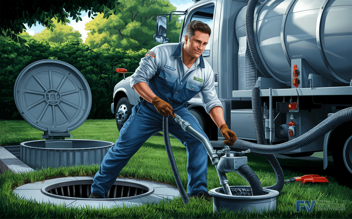 A service technician in uniform pumping out a residential septic tank using a truck-mounted vacuum system in a lush green backyard setting.