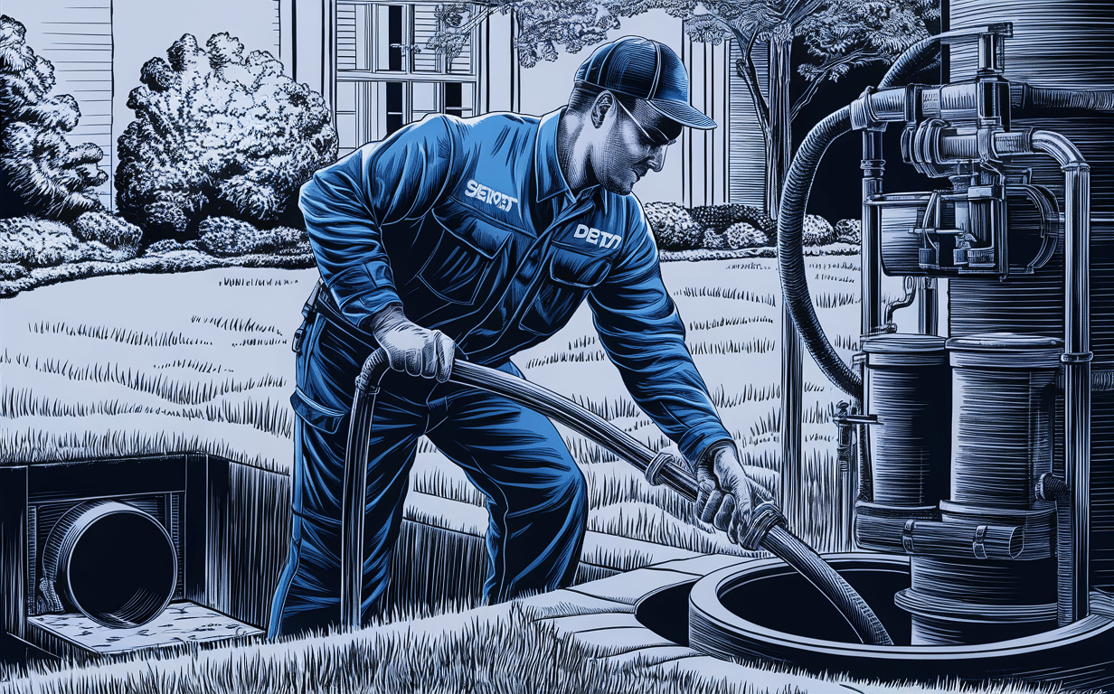 A worker in a blue uniform servicing a septic tank system with industrial pumping equipment in a residential setting
