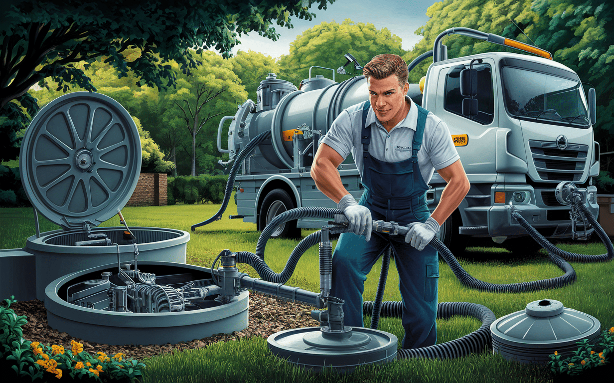 An illustration depicting septic tank pumping professionals at work, with a smiling worker in the foreground, a tanker truck, and two crew members operating the pumping equipment in a residential area.