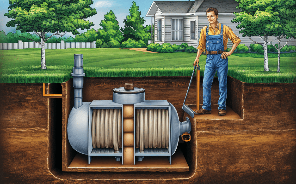 An illustration showing a residential septic tank system buried underground with pipes, access points, and a man inspecting the system using a mobile device in a suburban backyard setting.