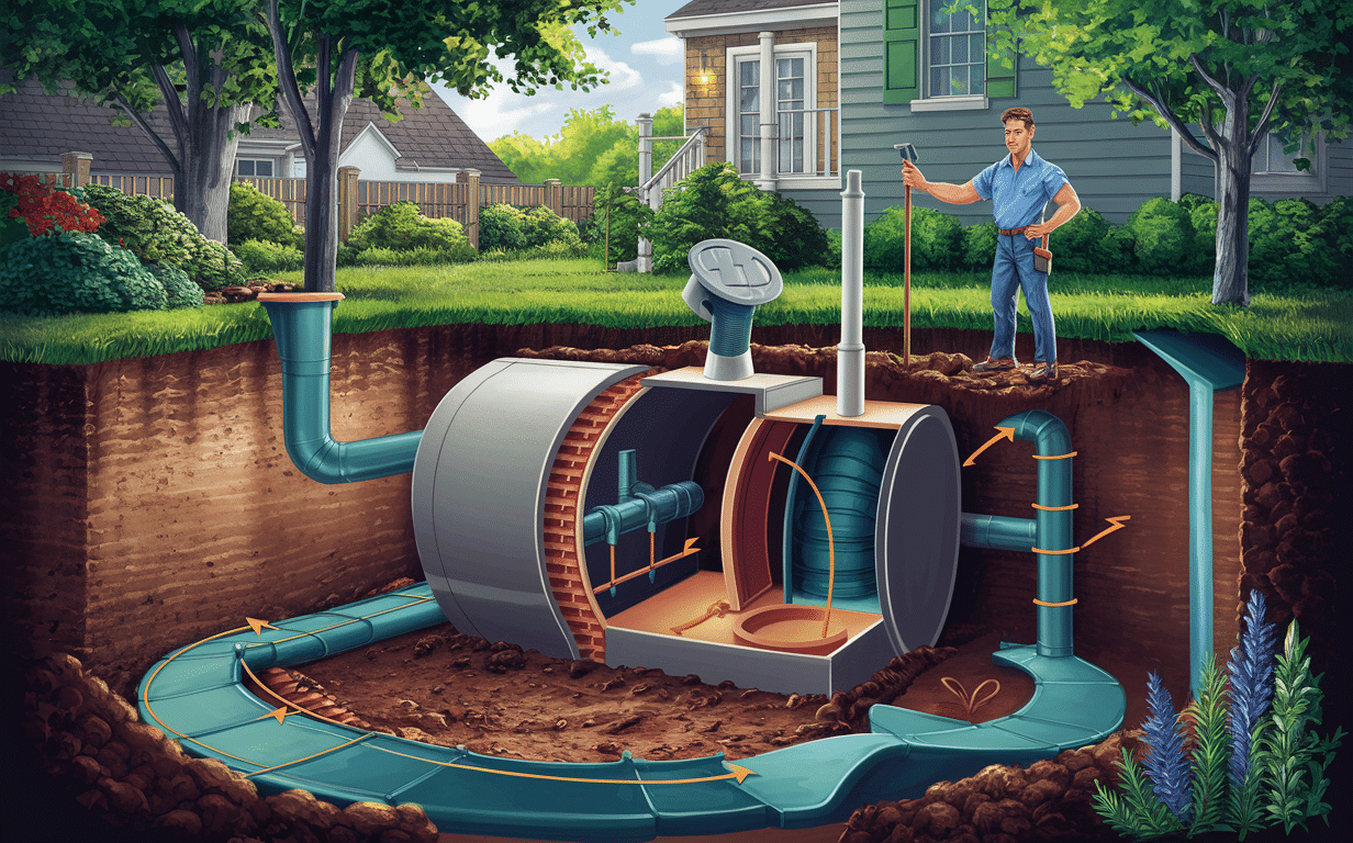 An illustration showing a person in overalls standing next to an underground septic tank system with access pipes in a residential backyard setting.