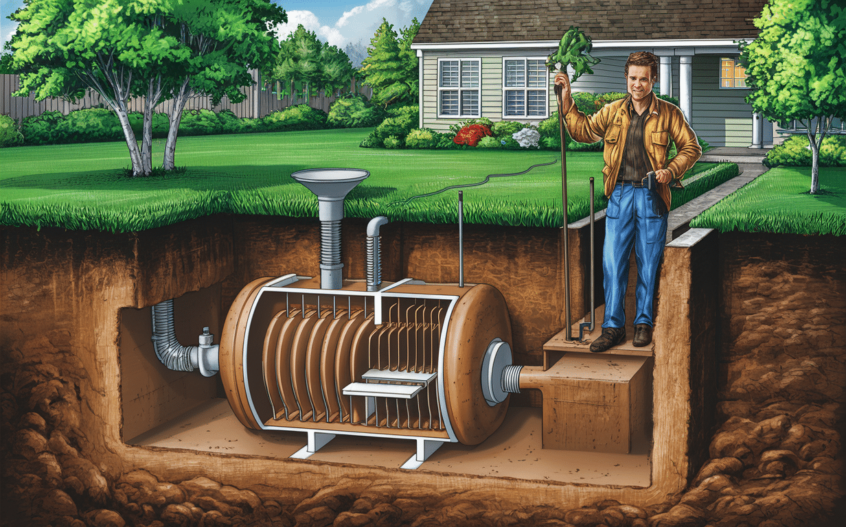 An illustration depicting a man using a rake to access the underground septic tank system in a residential backyard setting, revealing the internal components like the septic tank and piping.