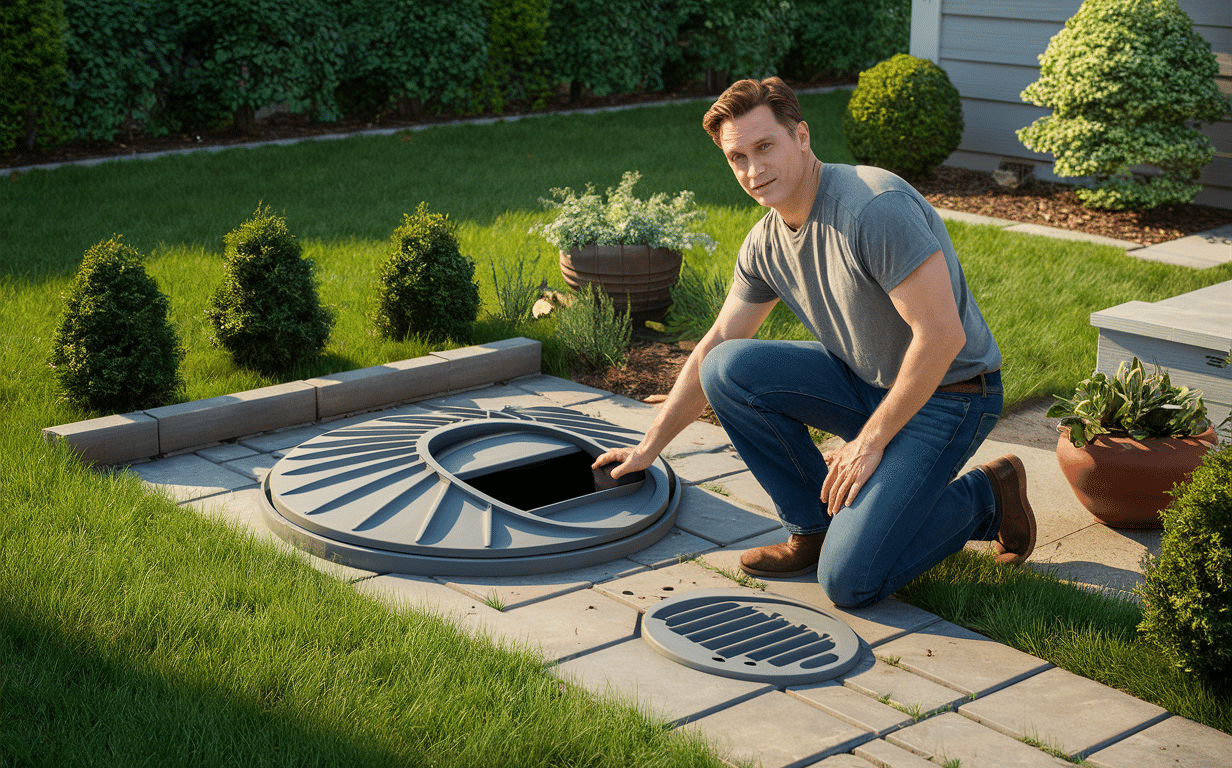 A man kneeling beside an open septic tank lid in a grassy backyard, appearing to inspect or maintain the septic system.