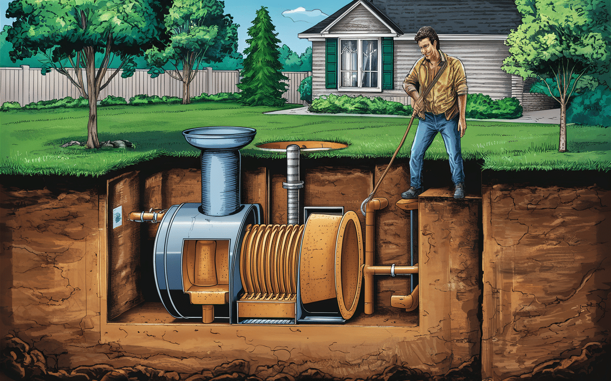 An illustration showing a man using a digging tool to access the underground septic tank system in the backyard of a residential home with trees and landscaping.