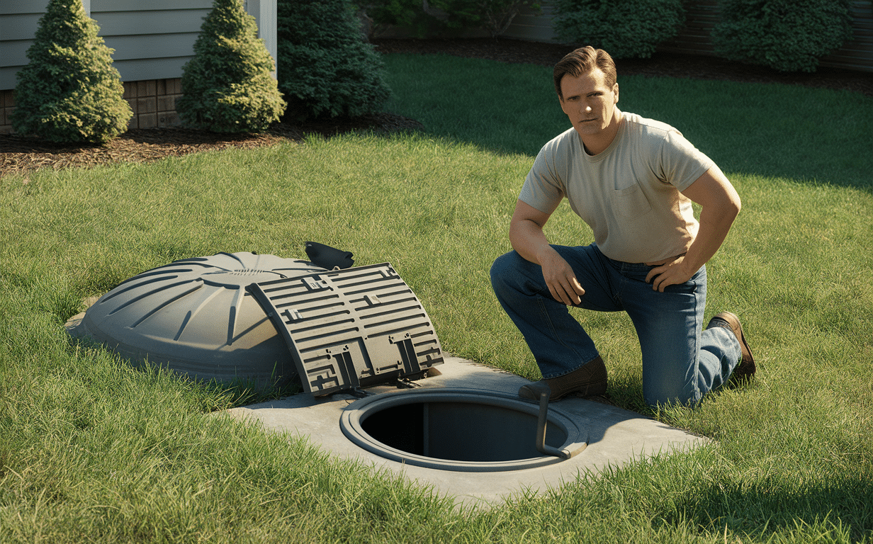 A smiling man crouching next to an open hole in the ground with a concrete septic tank cover, preparing to access the septic system with tools nearby in the well-kept yard of a residential home.
