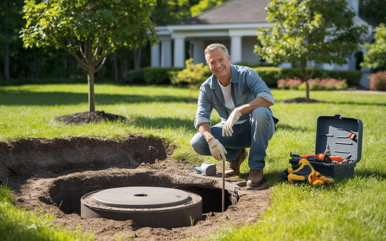 A man crouching down next to an open septic tank lid in the grass of a residential backyard