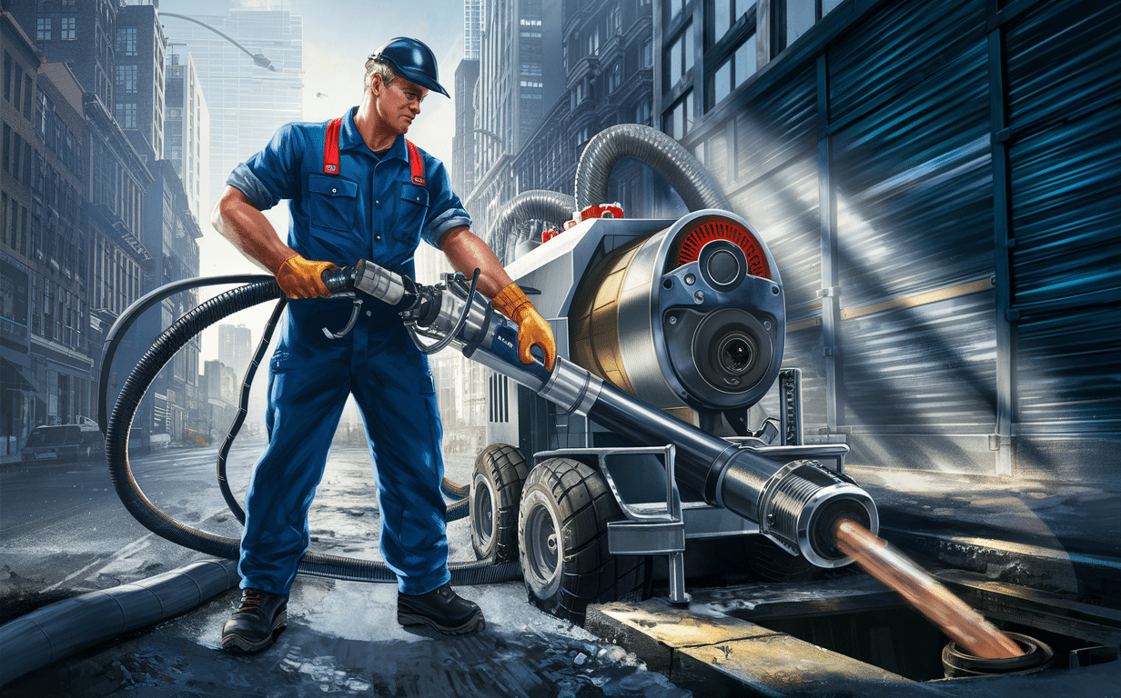 An image depicting a construction worker in a blue uniform operating a large pneumatic drill or jackhammer on a city street surrounded by tall buildings, representing the introduction of construction and infrastructure work in an urban environment.