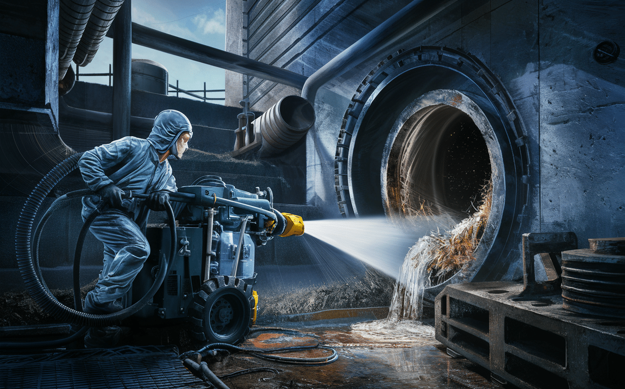 A worker in protective gear operating a high-pressure water jet to clean the interior of a large industrial pipe