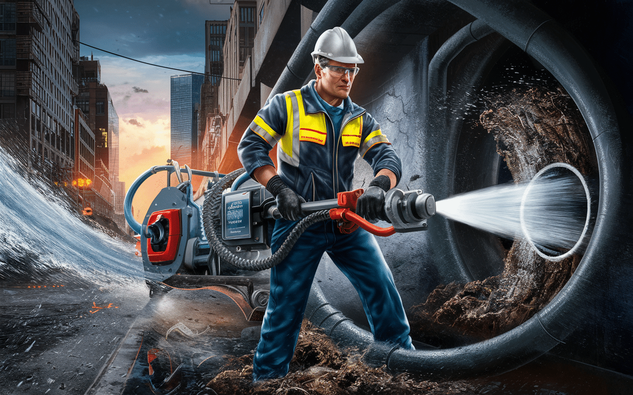An image depicting a construction worker in protective gear operating a high-pressure hose to clear debris from a city street amid towering buildings and a dramatic cloudy sky.