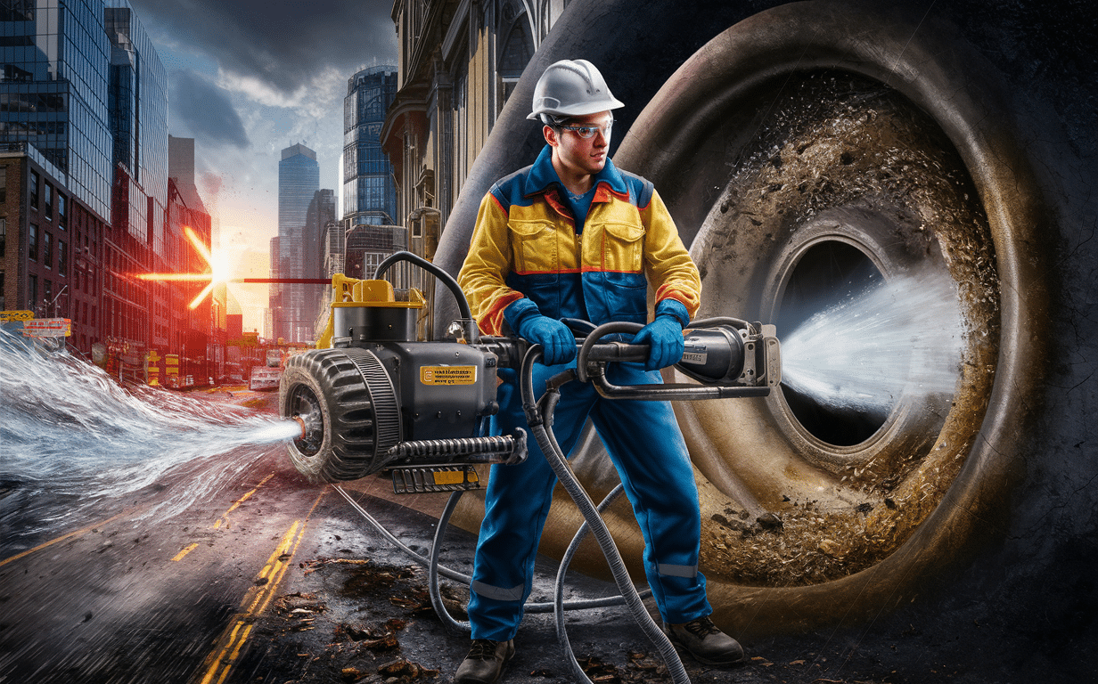 An industrial worker in a hardhat and reflective vest operates a powerful drain cleaning machine, spraying water to clear debris from a large pipe in an urban construction site with city buildings in the background.