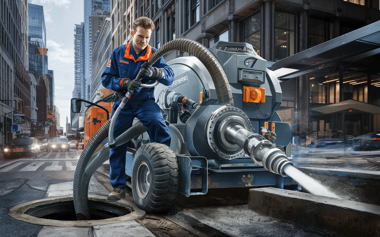 An illustration of a municipal worker in a blue uniform operating a sewer cleaning truck on a city street surrounded by tall buildings.