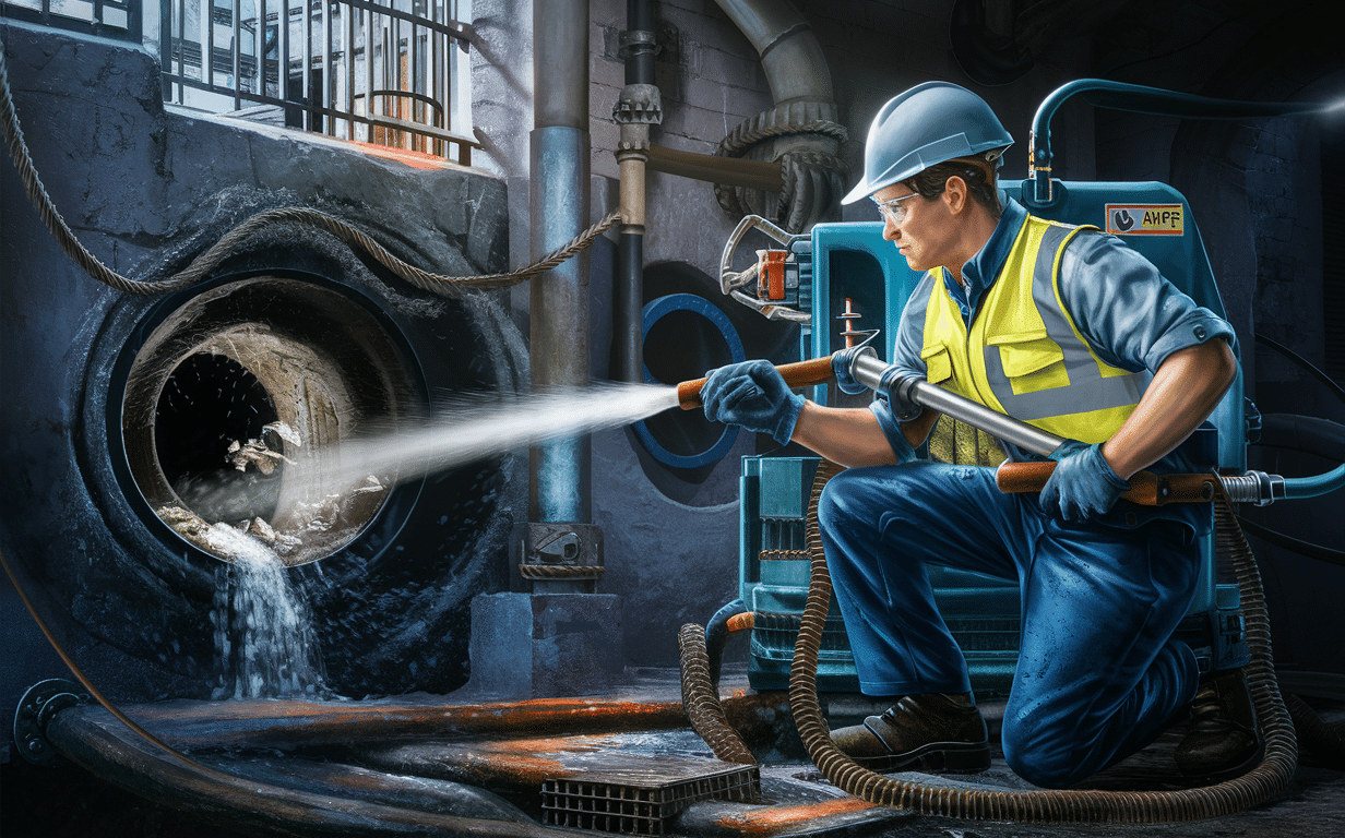 An illustration of a worker wearing protective gear and using a high-pressure hose to clean the interior of a large sewer pipe in an industrial setting.