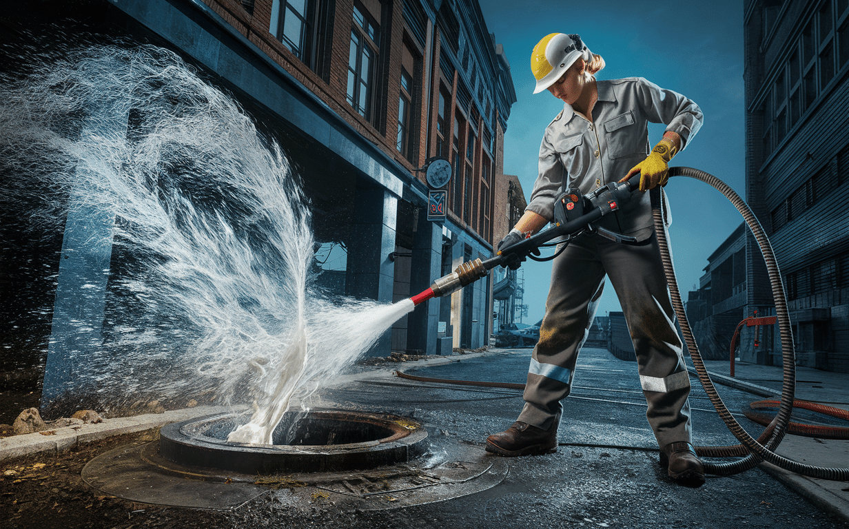 A worker in a uniform uses a high-powered pressure washing machine to clean a sidewalk between buildings, creating a plume of water spray.