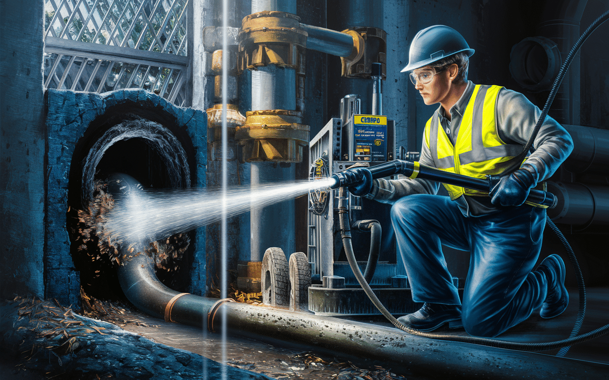 A construction worker wearing a hard hat and safety vest is using a high-pressure water jet to clean or cut through an underground tunnel or sewer system, with heavy machinery and equipment visible in the dimly lit industrial setting.