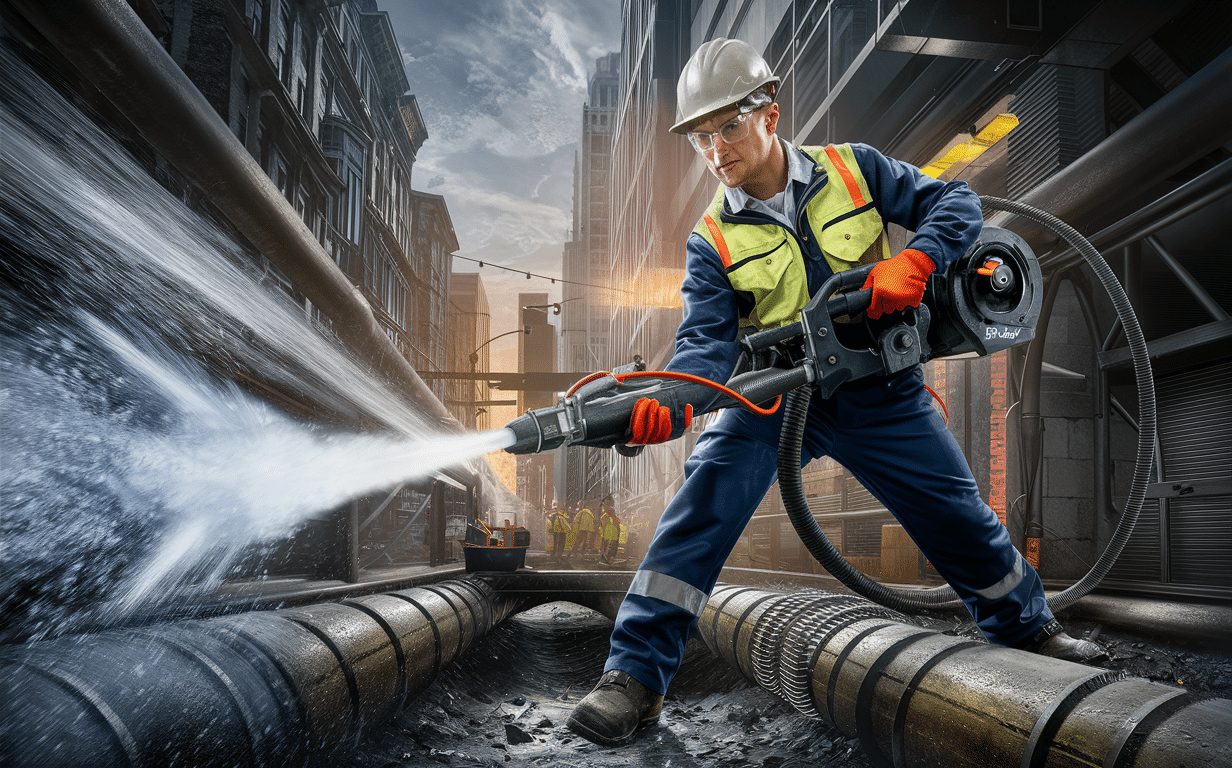 A construction worker in a high-visibility vest and hard hat operating a powerful high-pressure water hose, standing amidst a city street surrounded by tall buildings and water spray.