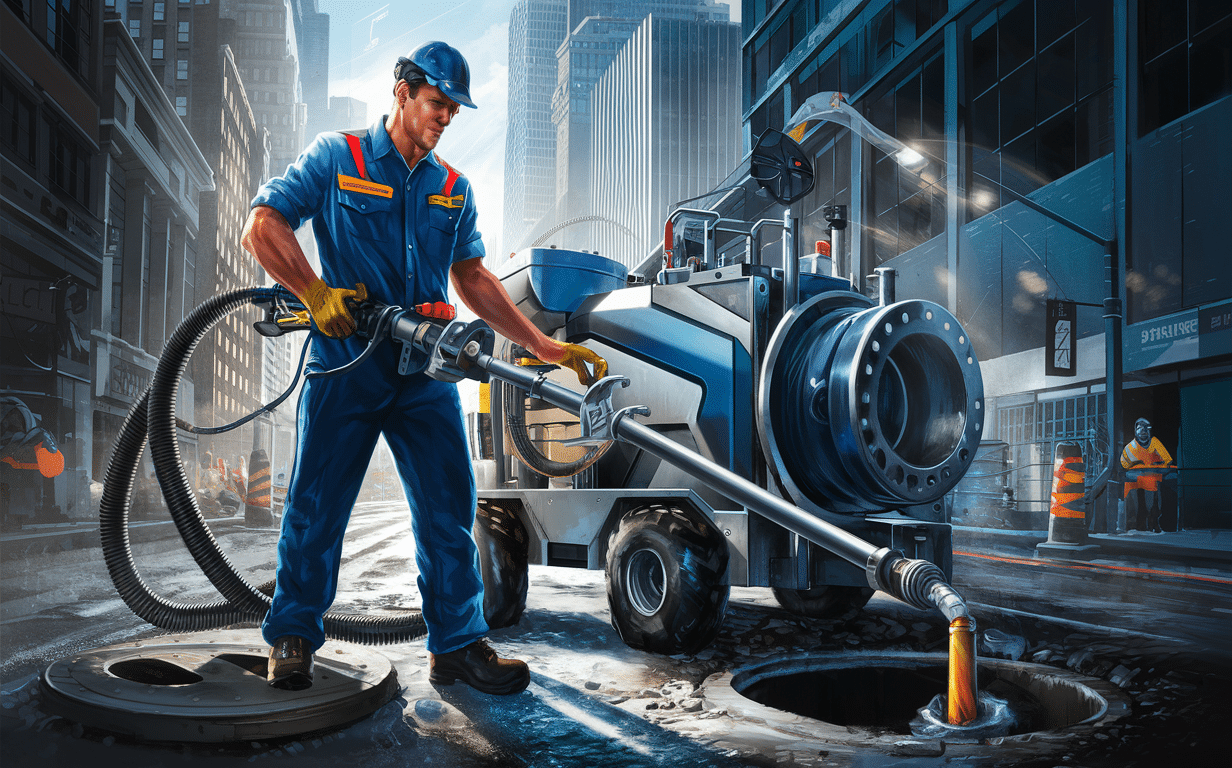 An illustration of a construction worker in an orange and blue uniform operating a large industrial machine with a drill attachment on a city street surrounded by tall buildings.