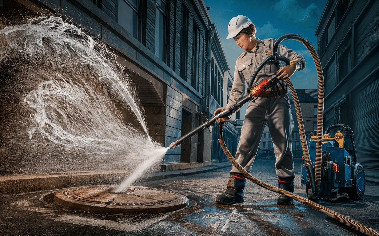 A firefighter in protective gear operates a high-pressure water hose, spraying a powerful stream of water onto the street between brick buildings in an urban environment.