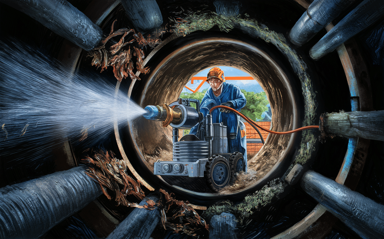 A worker operating a high-pressure water jetting machine to clear a sewer pipe, viewed through a tunnel opening