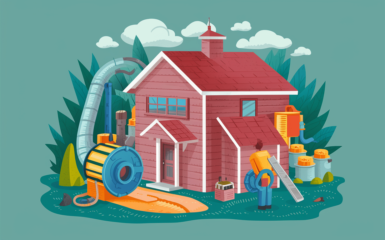 An isometric illustration depicting a residential house under construction or renovation. The house has a red tile roof, white walls, and multiple windows. The surrounding area shows construction equipment such as a crane, wooden planks, and barricades, along with landscaping elements like trees and a grassy area. The illustration has a stylized, simplified design with a teal blue background.