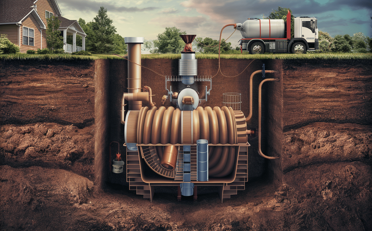 An illustration showing the underground components of a residential septic system being installed, with a concrete septic tank, drainage pipes, and a pumping truck on site to deliver and pump septic materials.