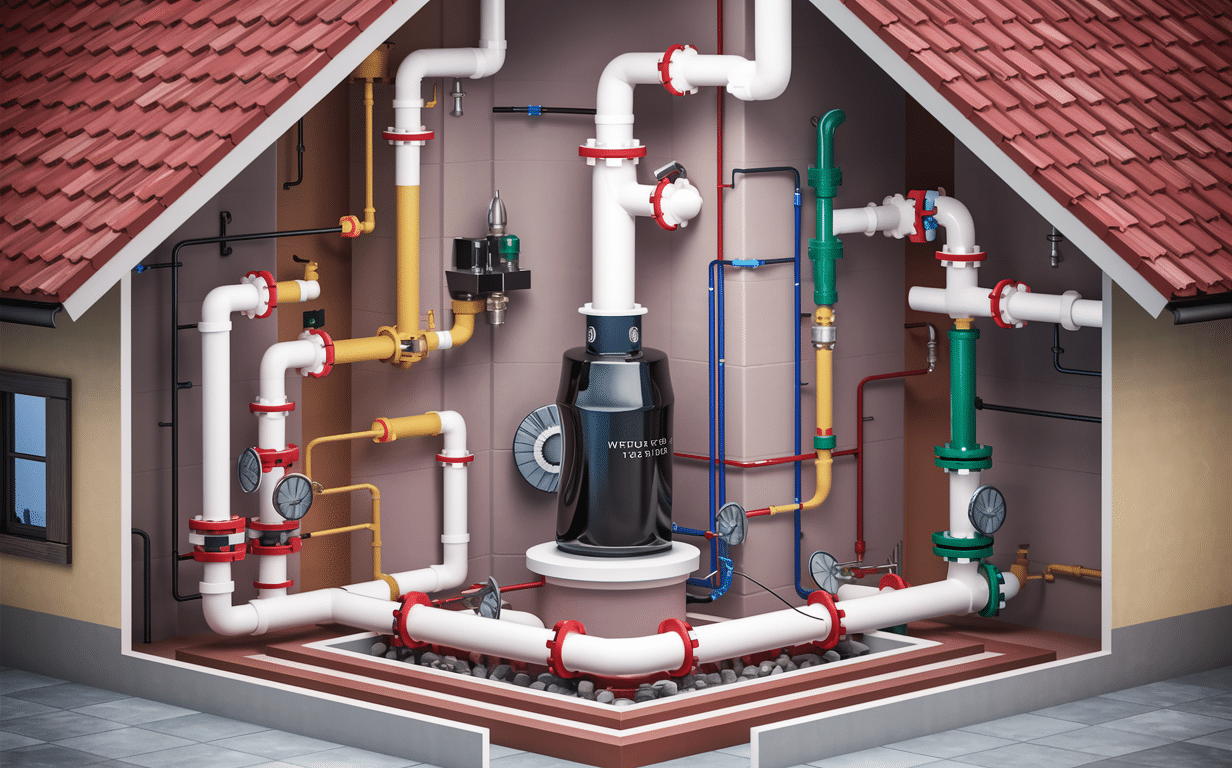 An intricate network of pipes, valves, and equipment for a residential plumbing system, including a water heater tank and various colored pipes for hot and cold water distribution.