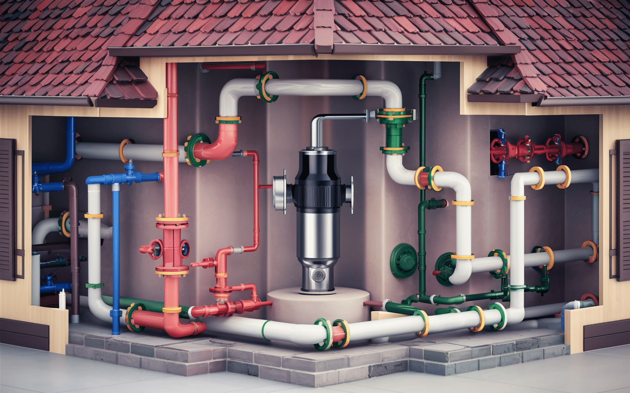 An illustration showing a complex network of pipes, pumps, and heating equipment installed at a residential property, likely depicting the plumbing and heating system layout.