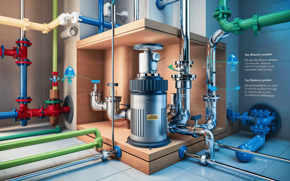 An image showing various components of an industrial pumping and heating system, including pipes of different colors, valves, a central pump unit, and other equipment used for controlling fluid flow and temperature.
