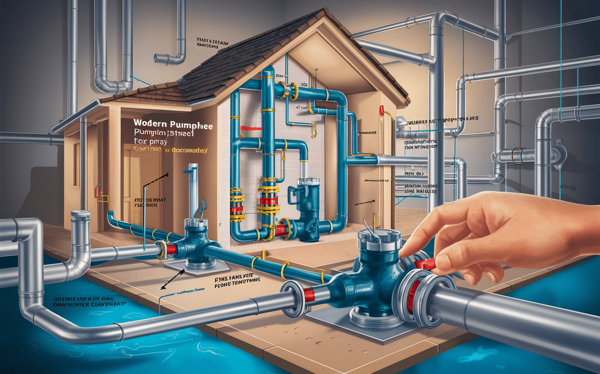 A detailed illustration showing the inner workings of a modern home plumbing and pumping system, with pipes, valves, pumps, and other components labeled and a hand adjusting one of the valves.