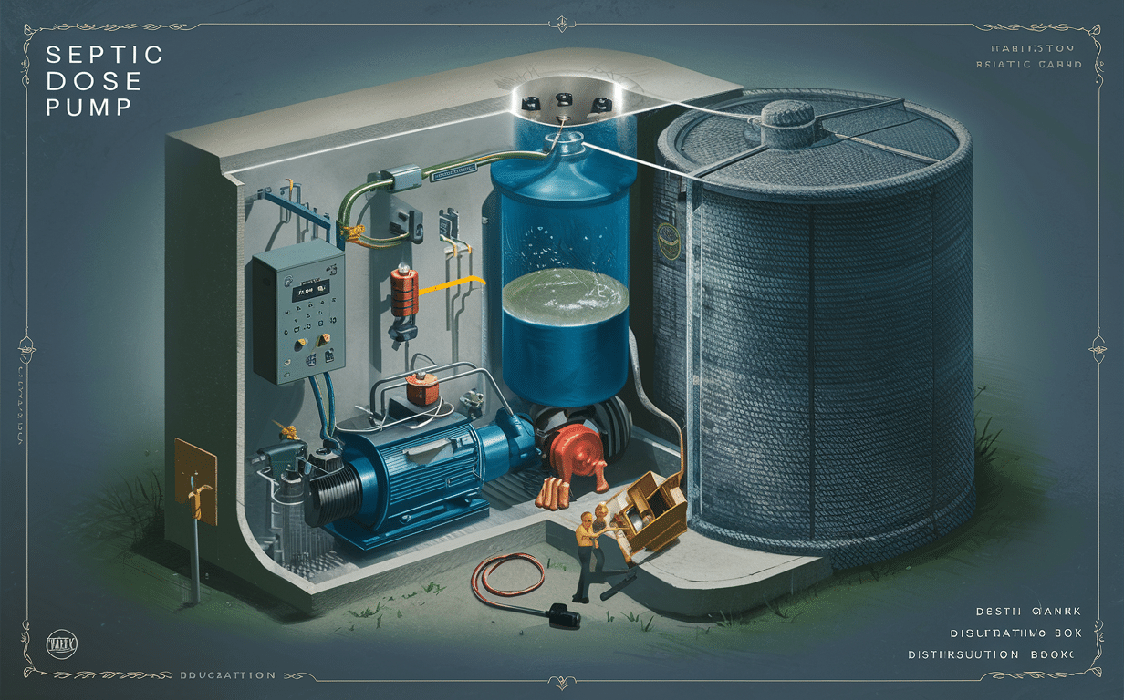 An illustration depicting the inner workings of a septic dose pump system, including a pump, control panel, holding tank, and miniature workers maintaining the equipment.