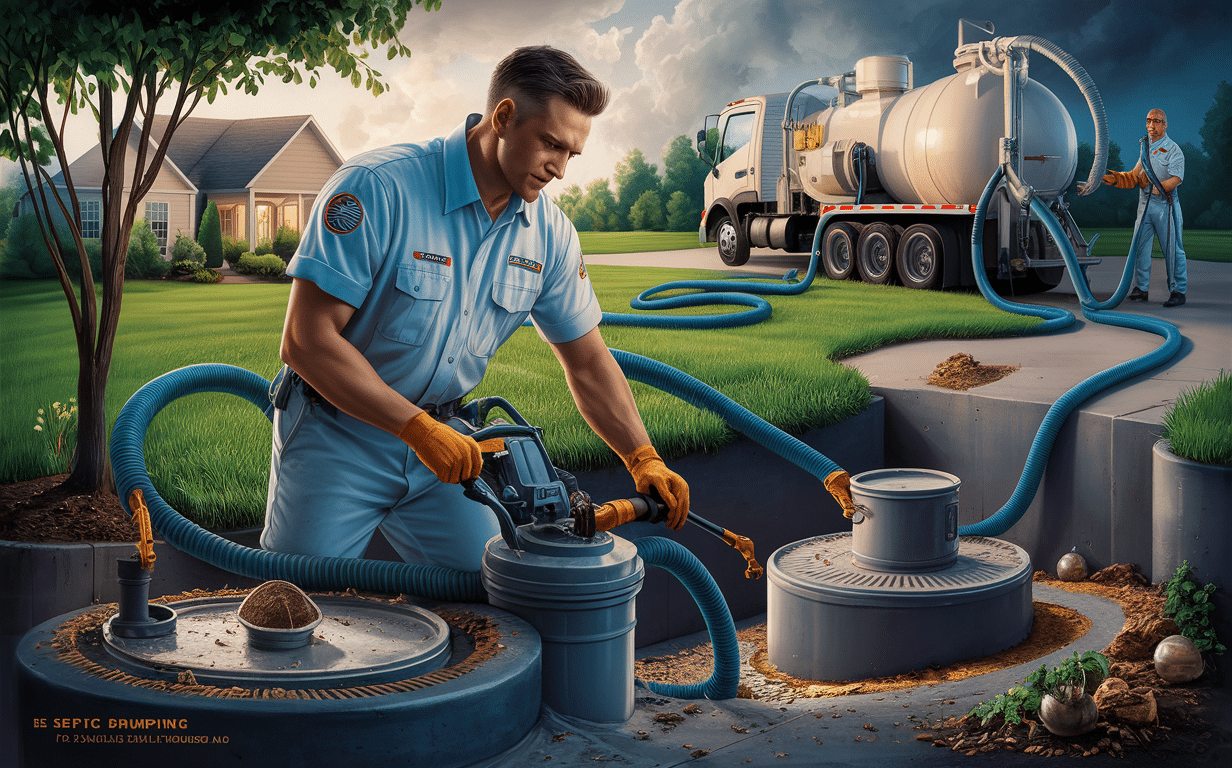 A professional septic tank service technician wearing a company uniform pumps out a residential septic tank using specialized equipment and a vacuum truck.
