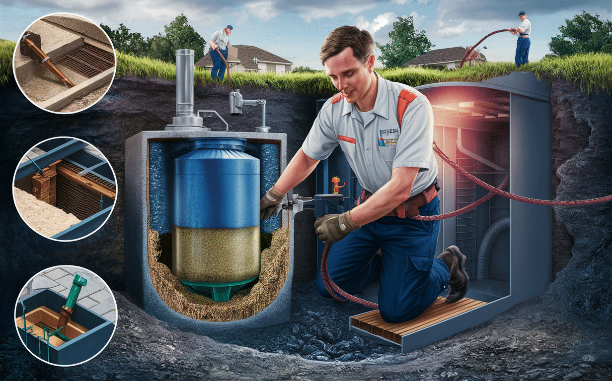 An illustration depicting the process of septic tank pumping, showing a septic tank system underground with a truck above ground pumping out the waste from the tank into its holding tank. Workers are shown operating the equipment and monitoring the process.