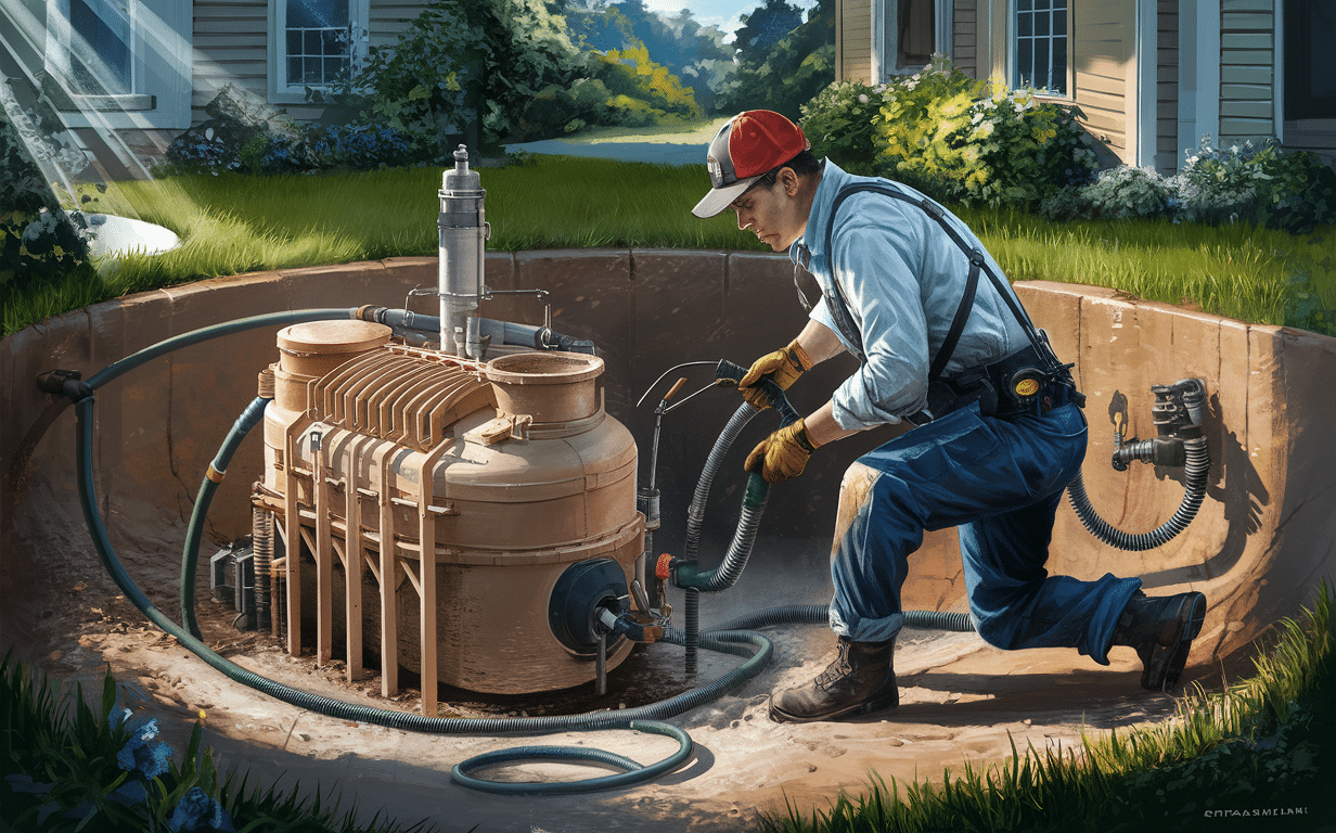 A worker in protective gear crouching and working on a septic tank system with pipes and tanks