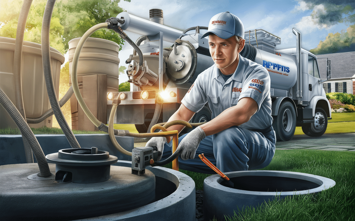A service professional wearing a company uniform and cap is operating a septic tank pumping truck and equipment on a residential property with a house in the background.