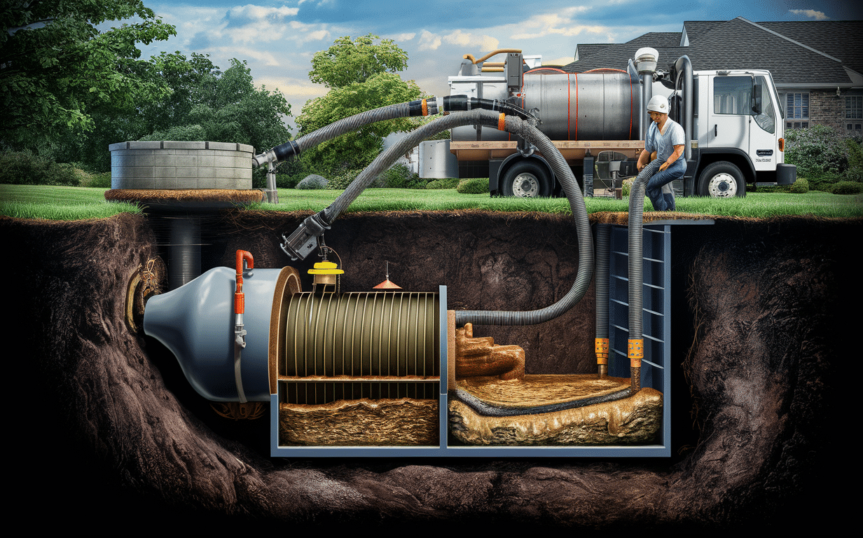 An image showing a septic tank pumping truck and an underground septic tank being serviced, with hoses connected for pumping out the waste from the tank. A worker is seen operating the equipment.