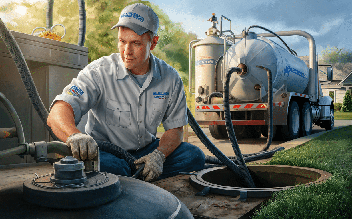 A service technician in uniform is operating a septic tank pumping truck and equipment to maintain a residential septic system in a suburban neighborhood setting.