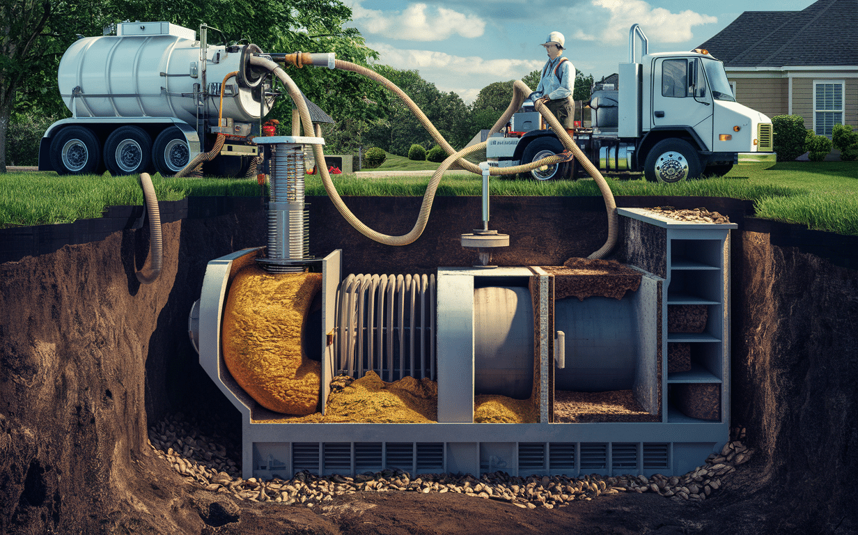 An illustration showing the septic tank pumping process, with a truck pumping out waste from an underground septic tank through a hose while a worker monitors the operation in a residential setting.