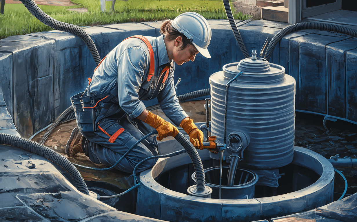 A worker wearing protective gear and a hard hat is crouched down, operating a hose to pump out and maintain a residential septic tank system.