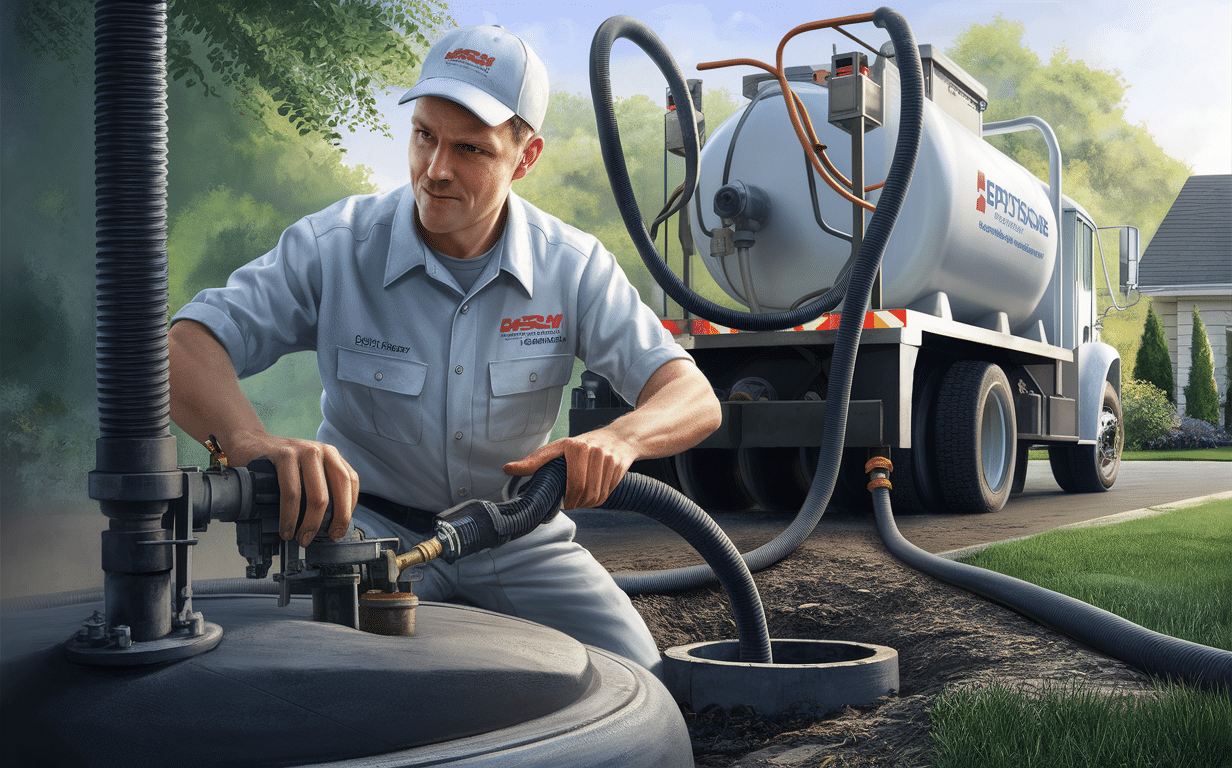 A septic service technician in uniform operates a hose to pump out a residential septic tank, while a tanker truck is parked nearby to transport the waste, showcasing the septic tank pumping process essential for proper maintenance.