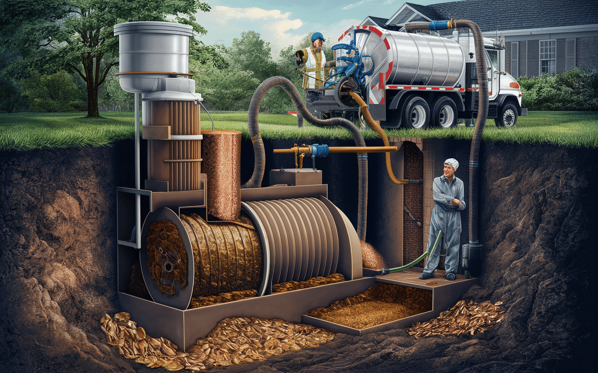 An image depicting a technician performing septic tank pumping and maintenance, showing the internal components of a septic system including the tank, leach field, and related equipment.