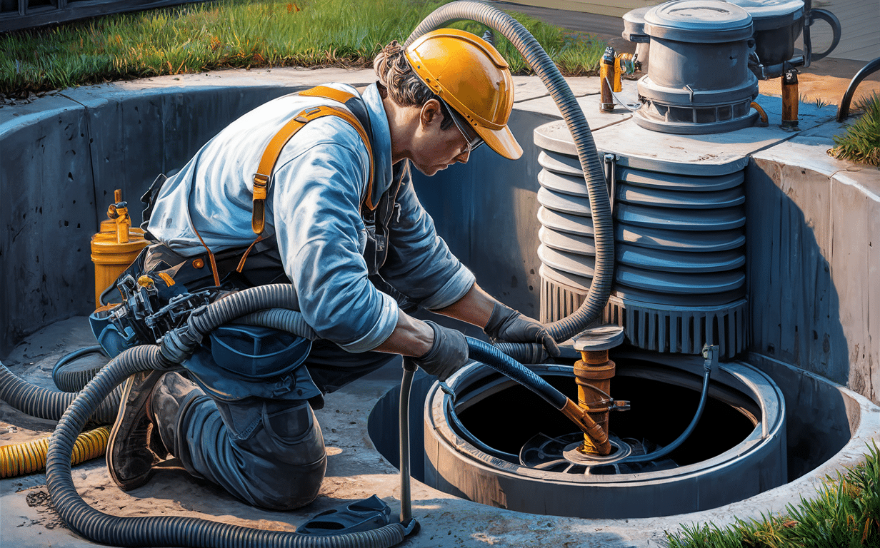 A worker wearing protective gear operates a vacuum truck to pump out waste from a septic tank, with containers showing the waste and sludge being removed