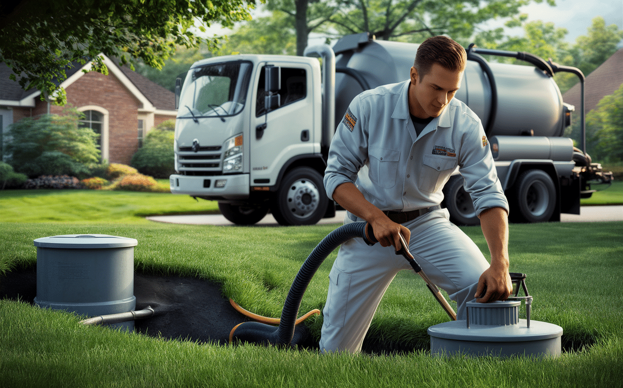 A service technician in uniform pumping out a residential septic tank using a truck-mounted vacuum system