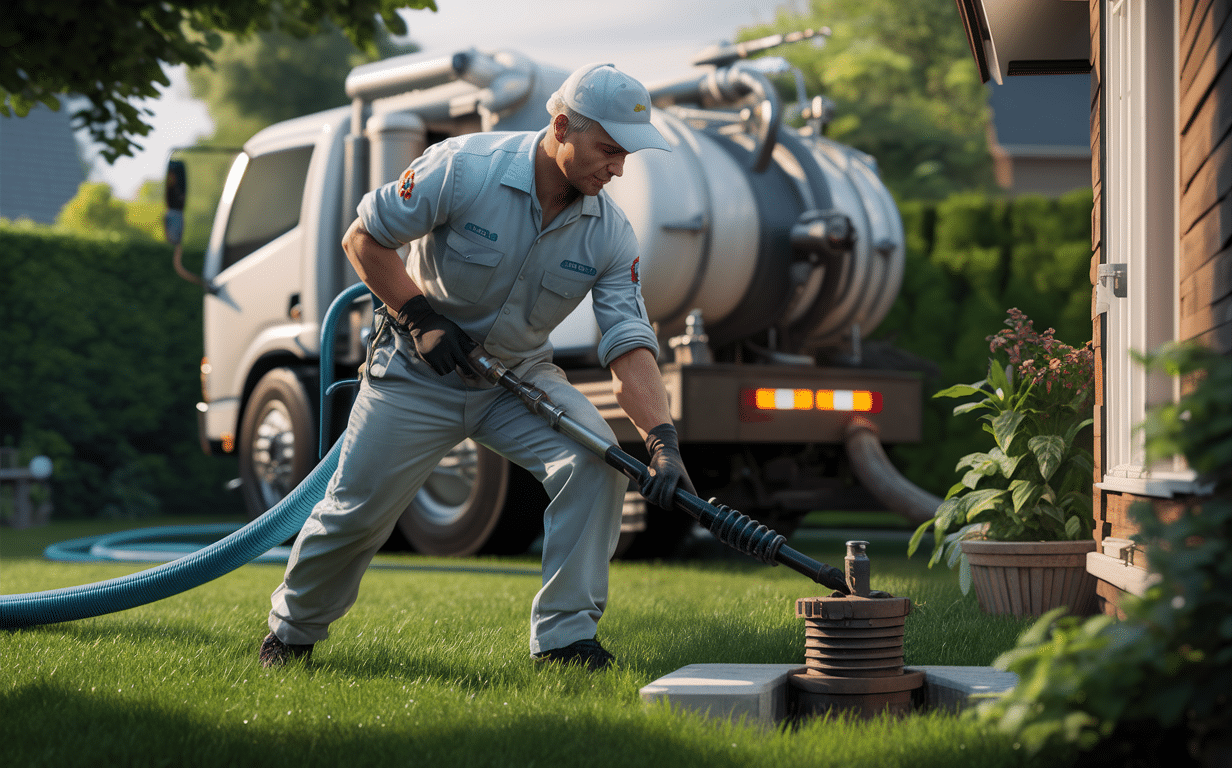 A worker from a septic tank pumping service is operating a hose to empty a residential septic tank, with the service truck parked nearby.